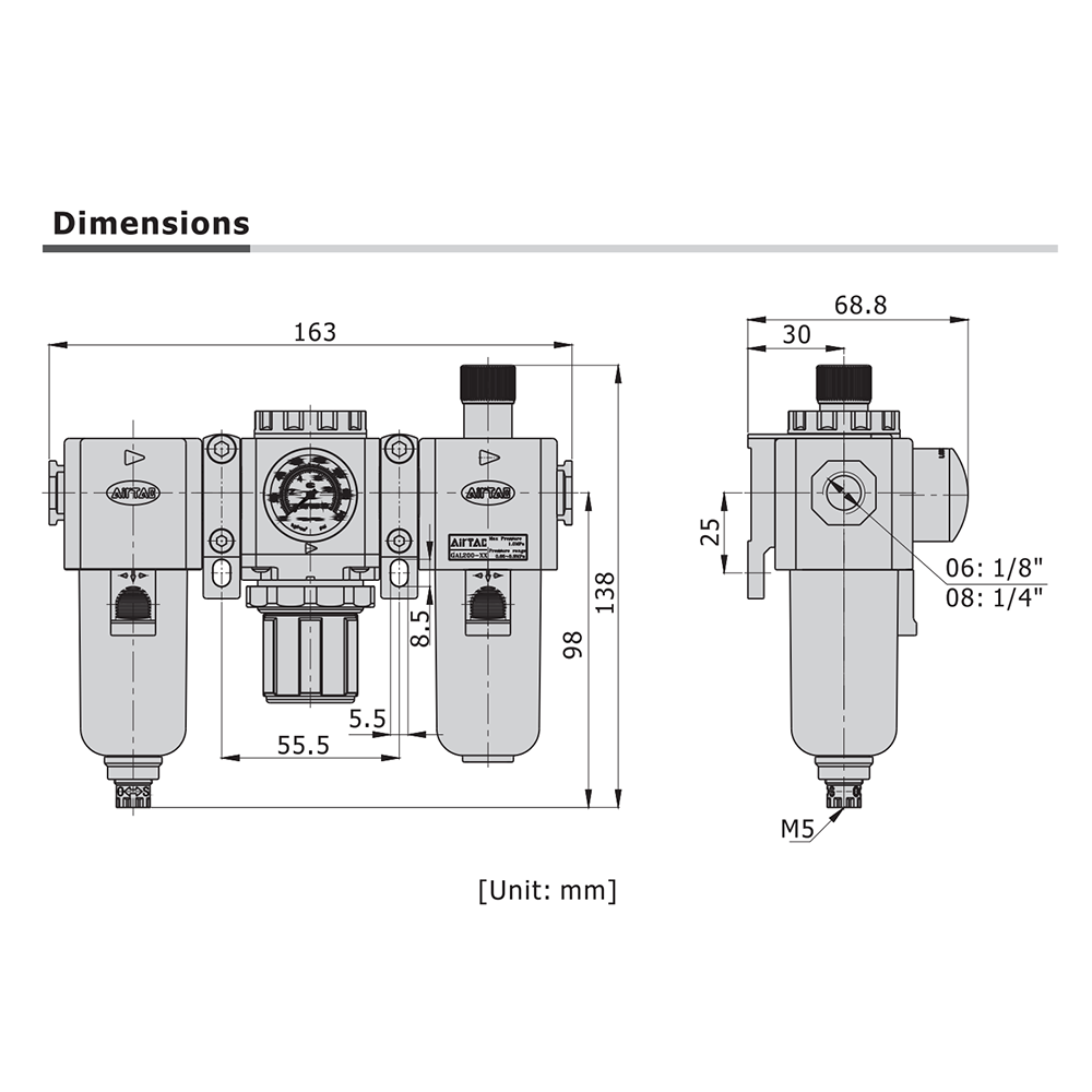 GTC20008LTK AIRTAC SMALL FRL ASSEMBLY GTC200 SERIES 1/4" NPT P-FILT, REG, LUB 20-58 PSI 40 MIC W/ INT CHK